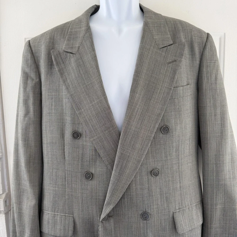 Vintage Cricketeer 2 Piece Suit Mens L Gray Plaid Double Breasted 34x31 USA 90s